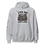 Gray hoodie with money graphic.