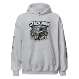 Gray hoodie with money graphic.