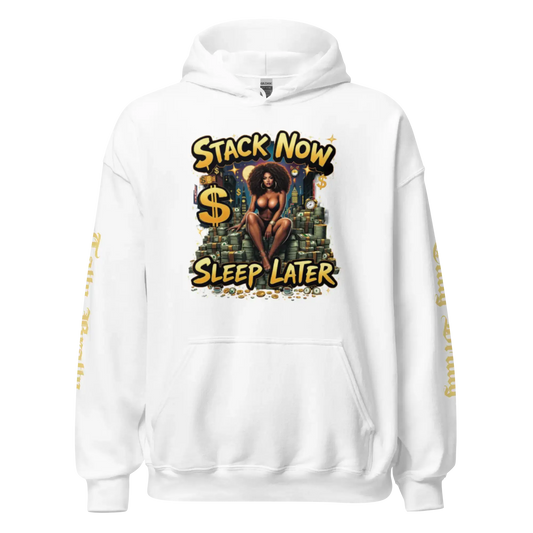 White hoodie with graphic.