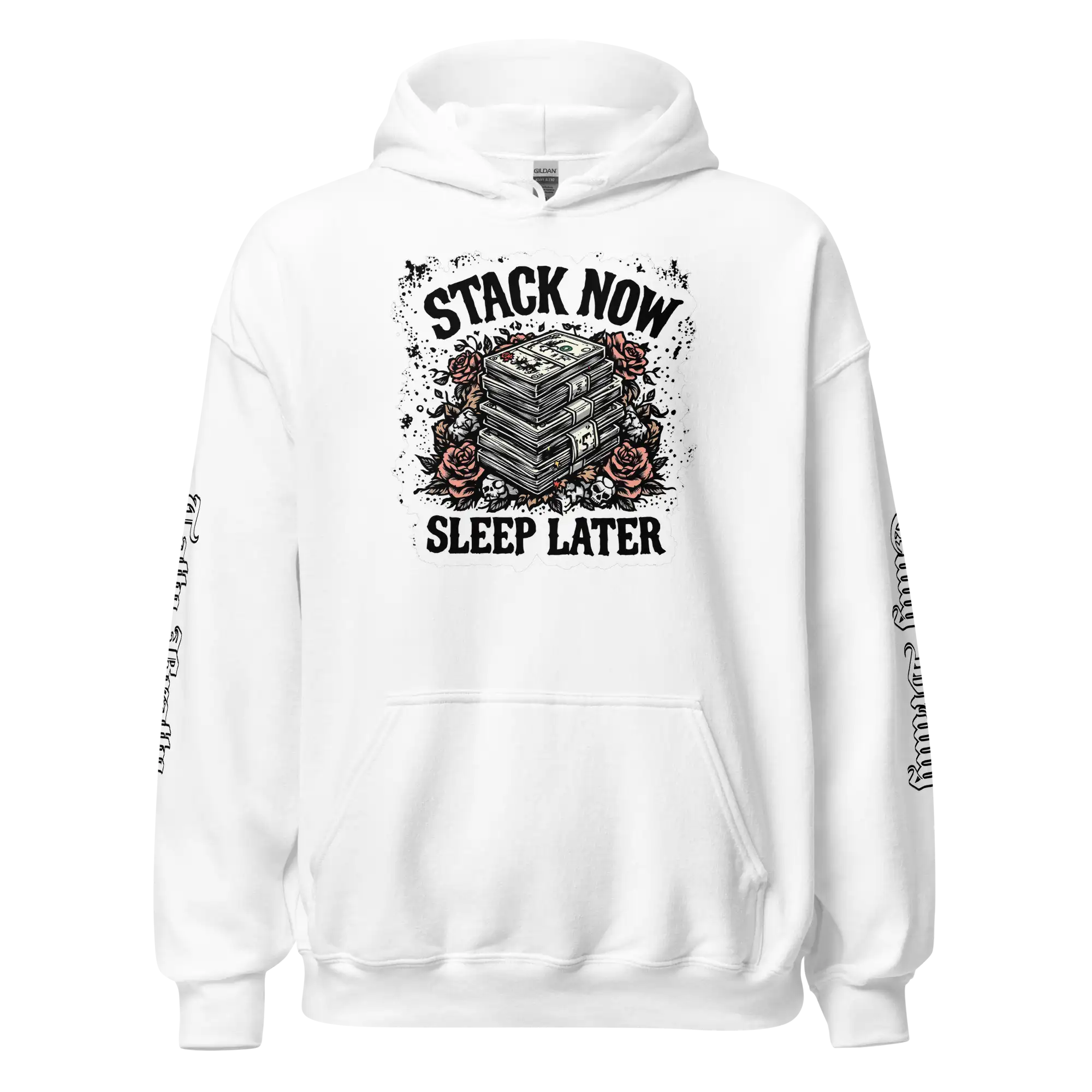 White hoodie with money graphic.