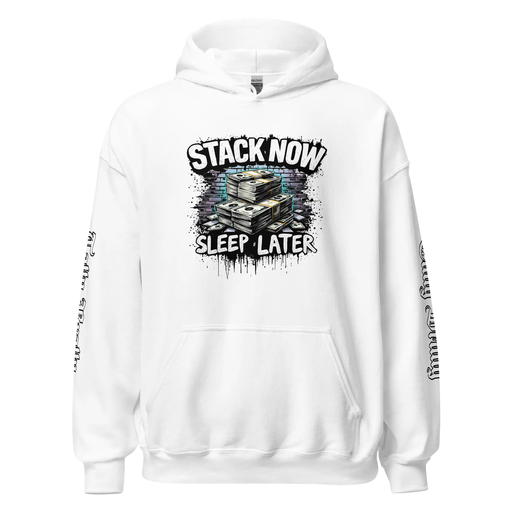 White hoodie with money graphic.