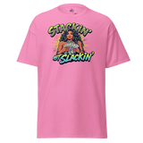 Pink t-shirt with a woman holding money.