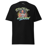 Black graphic t-shirt.