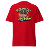 Red t-shirt with ’Stackin’ Not Slackin’’ graphic.