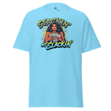 Light blue t-shirt.