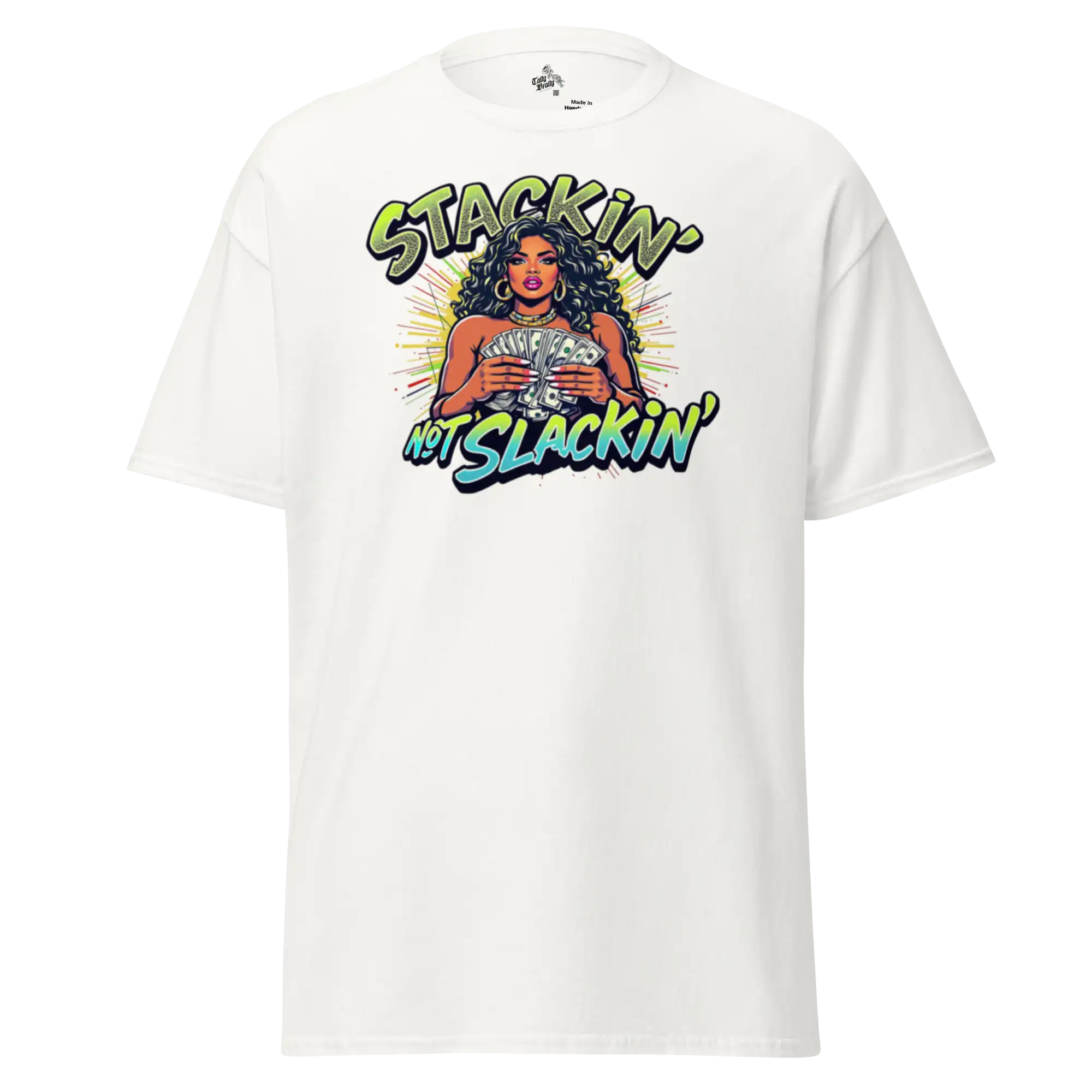 White t-shirt with graphic.