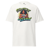 White t-shirt with graphic.