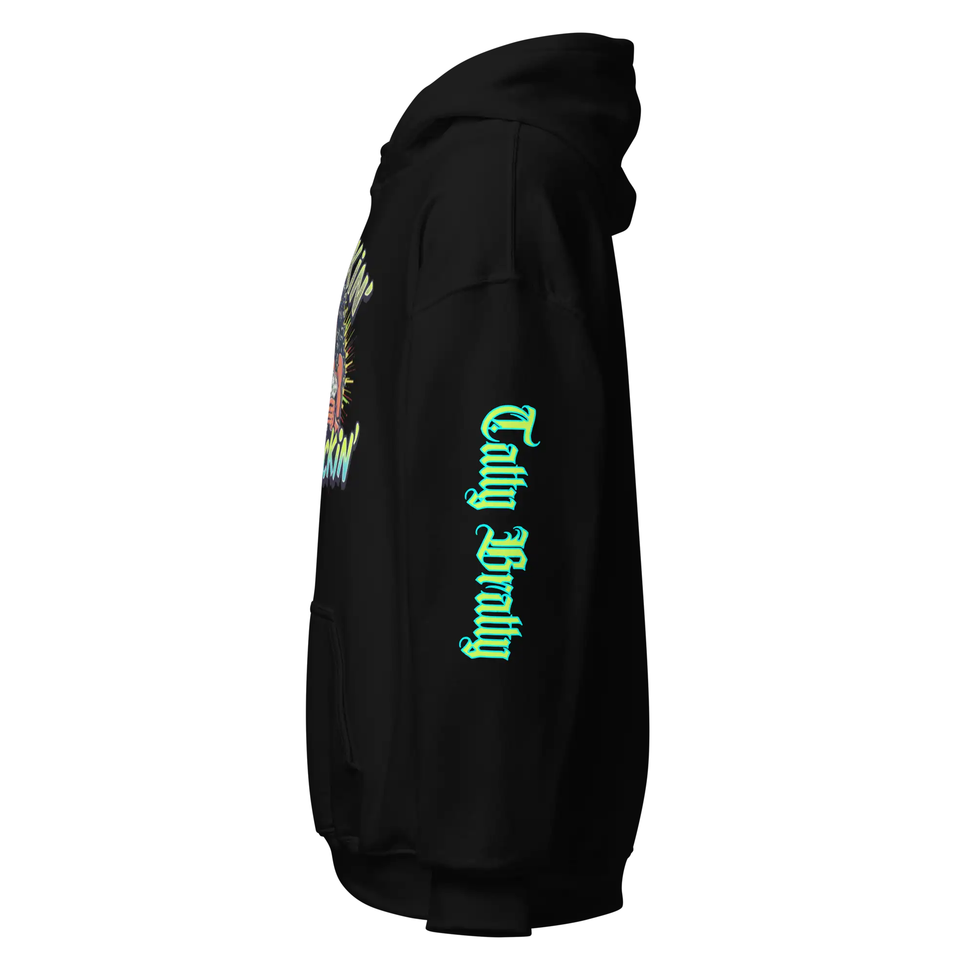Black hoodie with sleeve graphic.