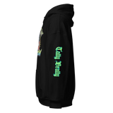 Black hoodie with sleeve graphic.