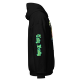 Black hoodie with sleeve text.
