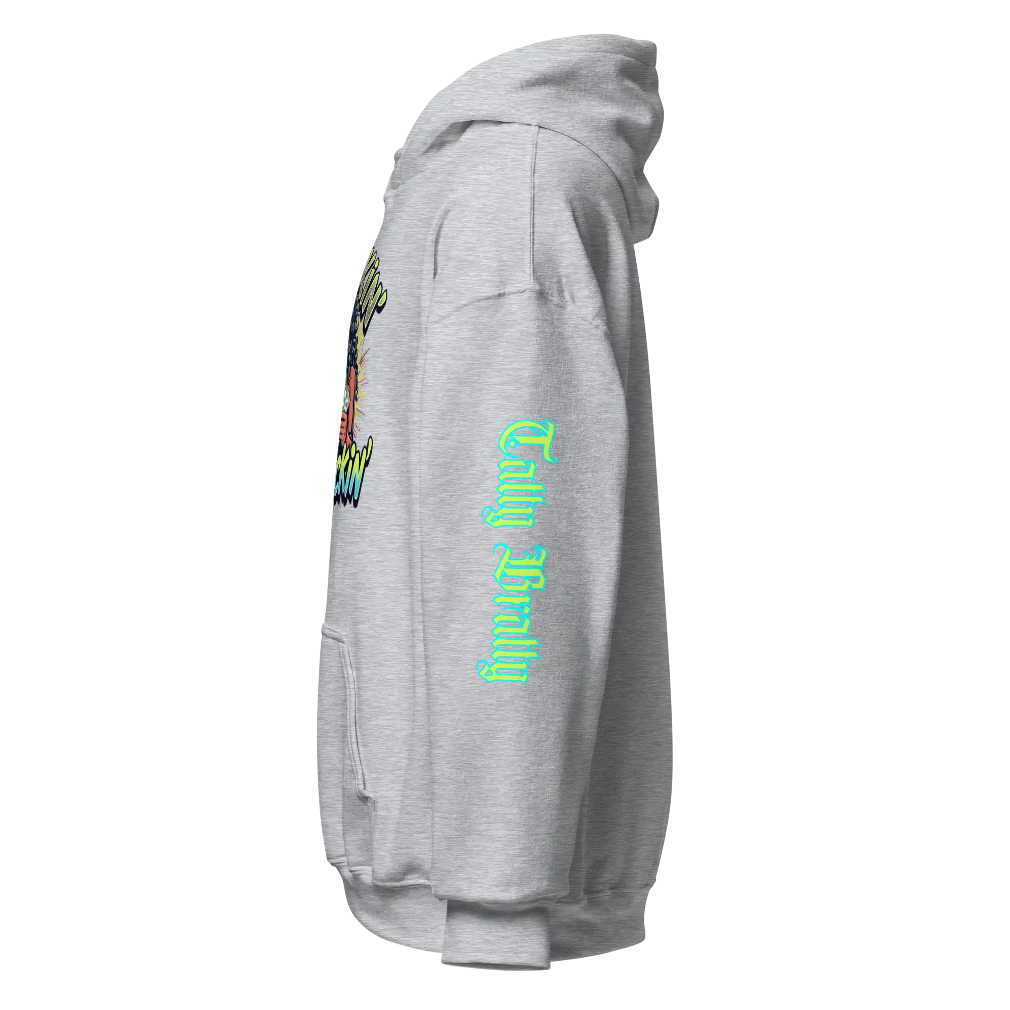 Gray hooded sweatshirt.