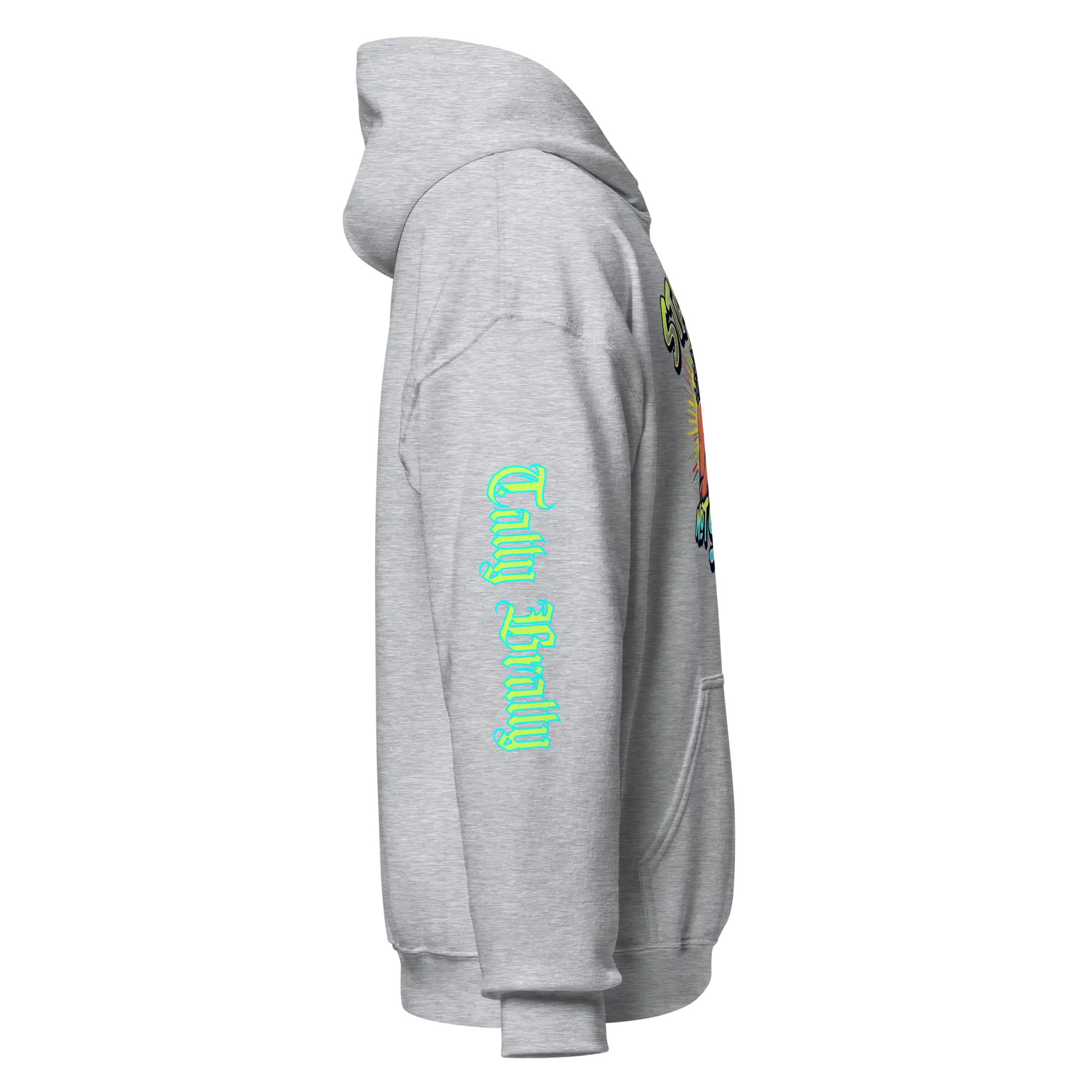Gray hooded sweatshirt.