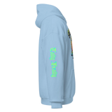 Light blue hoodie.