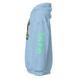 Light blue hoodie.
