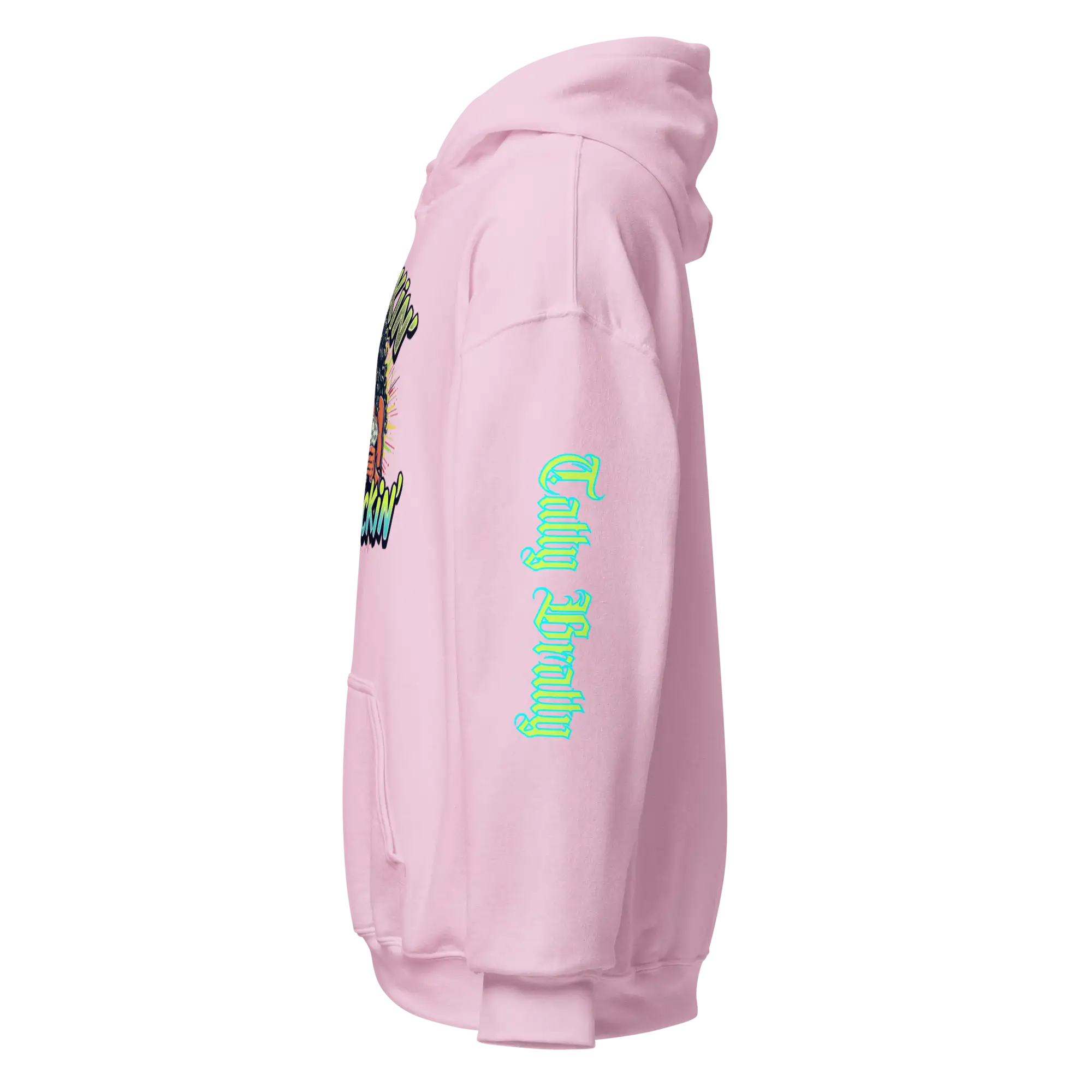 Pink hoodie with graphic.