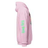 Pink hooded sweatshirt.