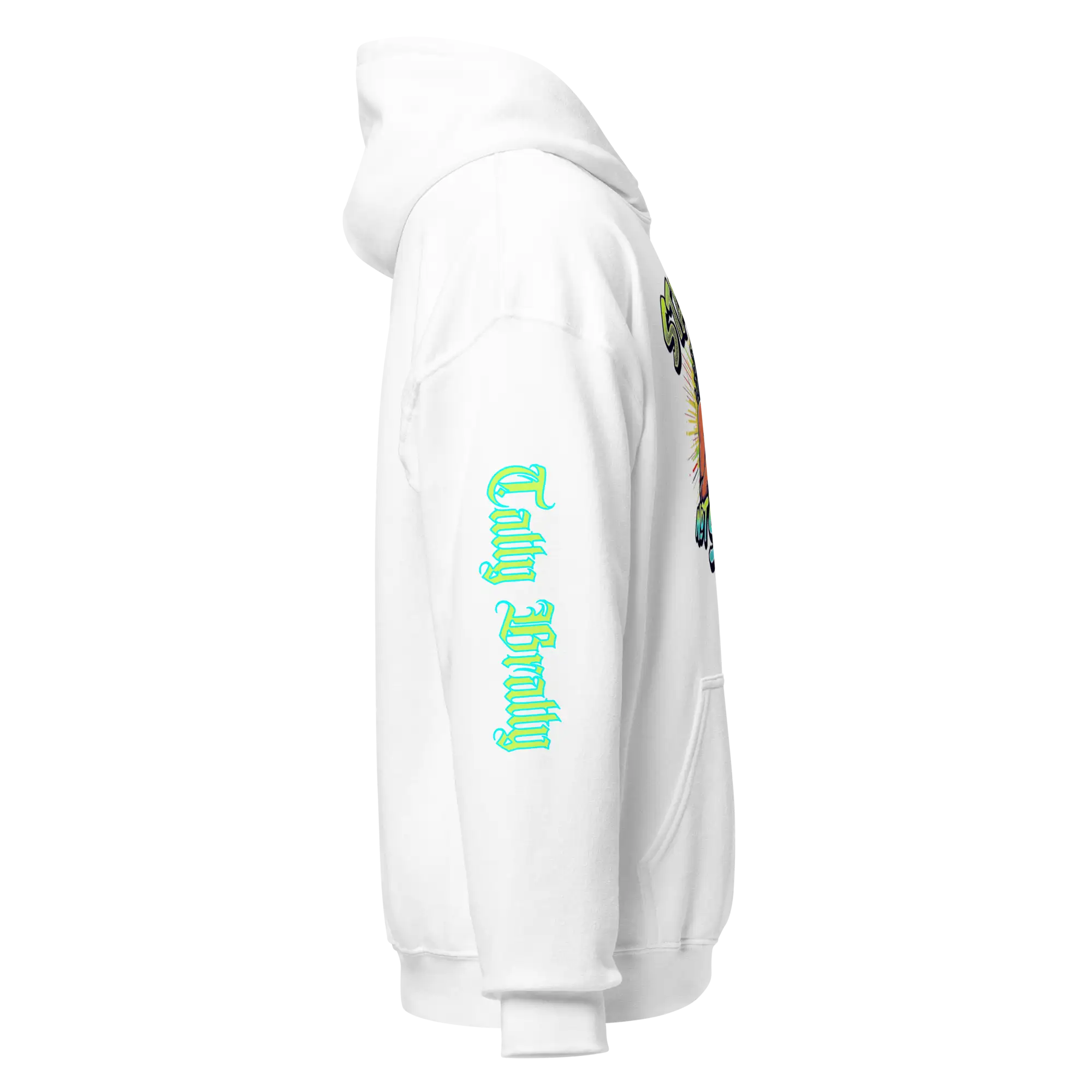 White hoodie with colorful design.