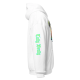 White hoodie with colorful design.