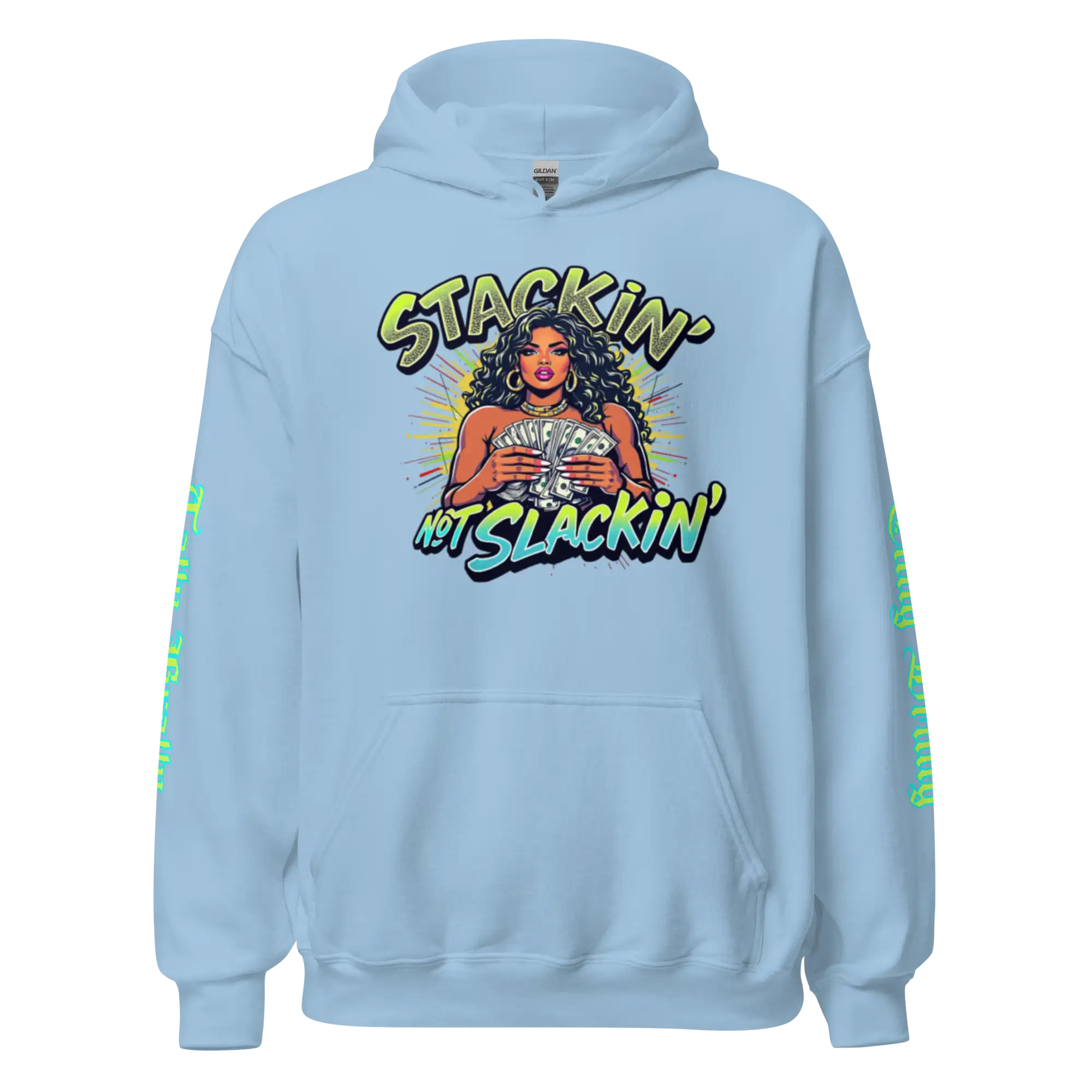 Light blue hoodie with graphic.