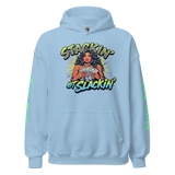 Light blue hoodie with graphic.