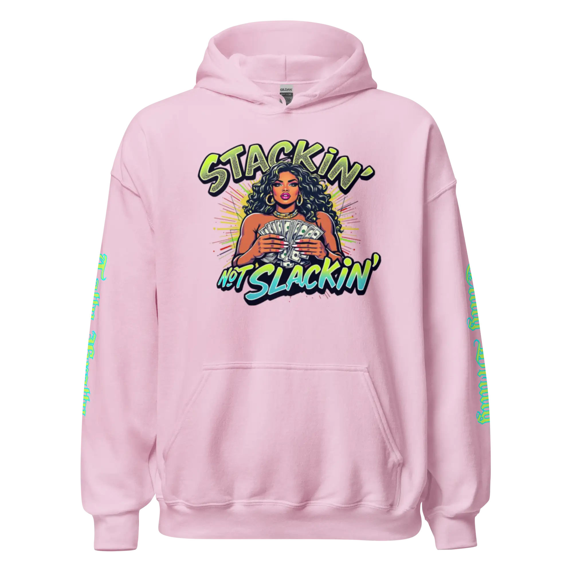 Pink hoodie with graphic.