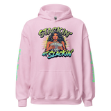 Pink hoodie with graphic.
