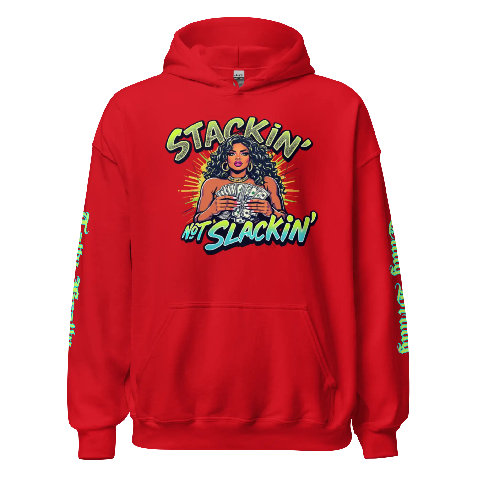 Red hoodie with graphic.