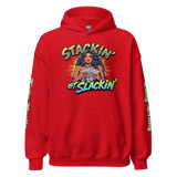 Red hoodie with graphic.