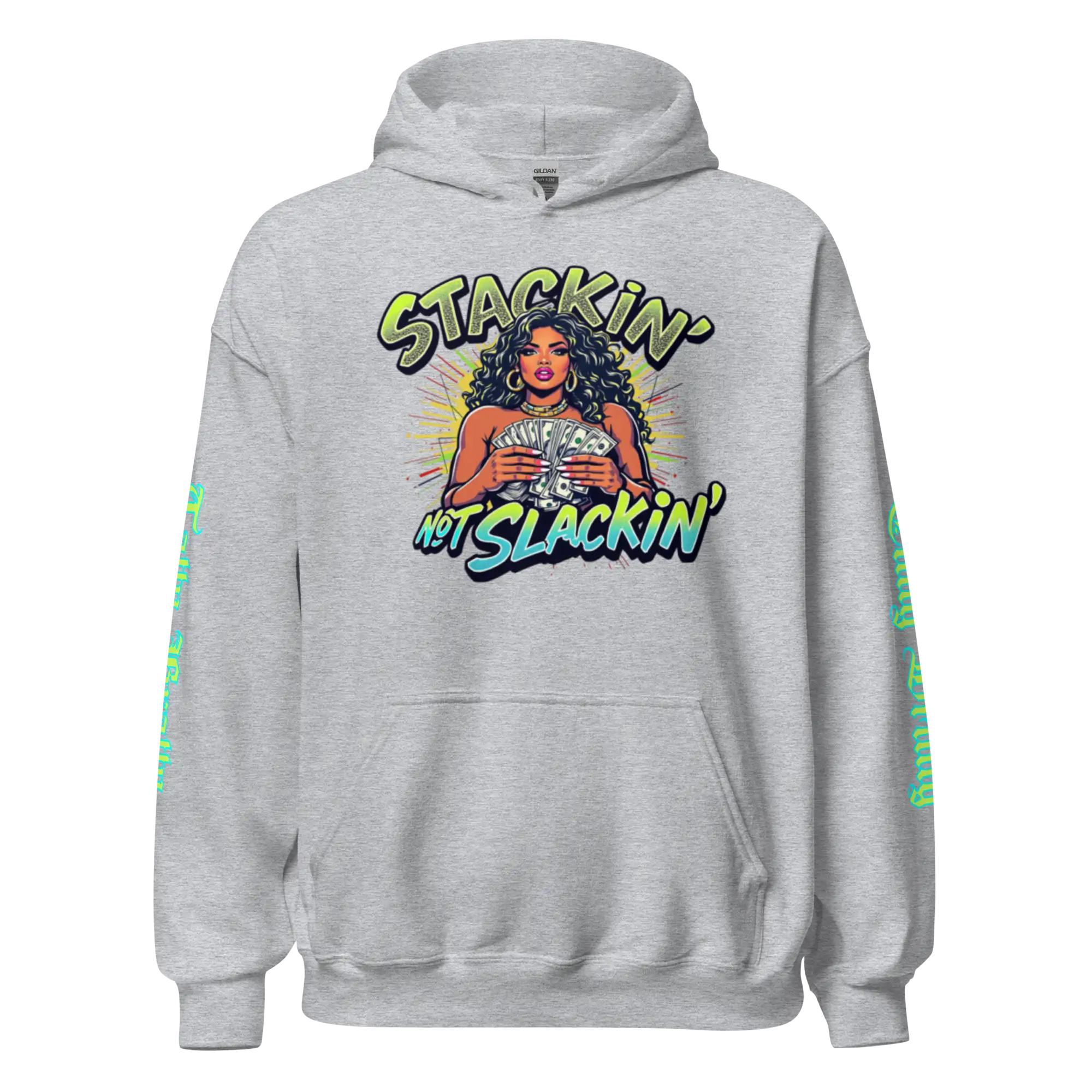 Gray hoodie with graphic.