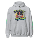 Gray hoodie with graphic.