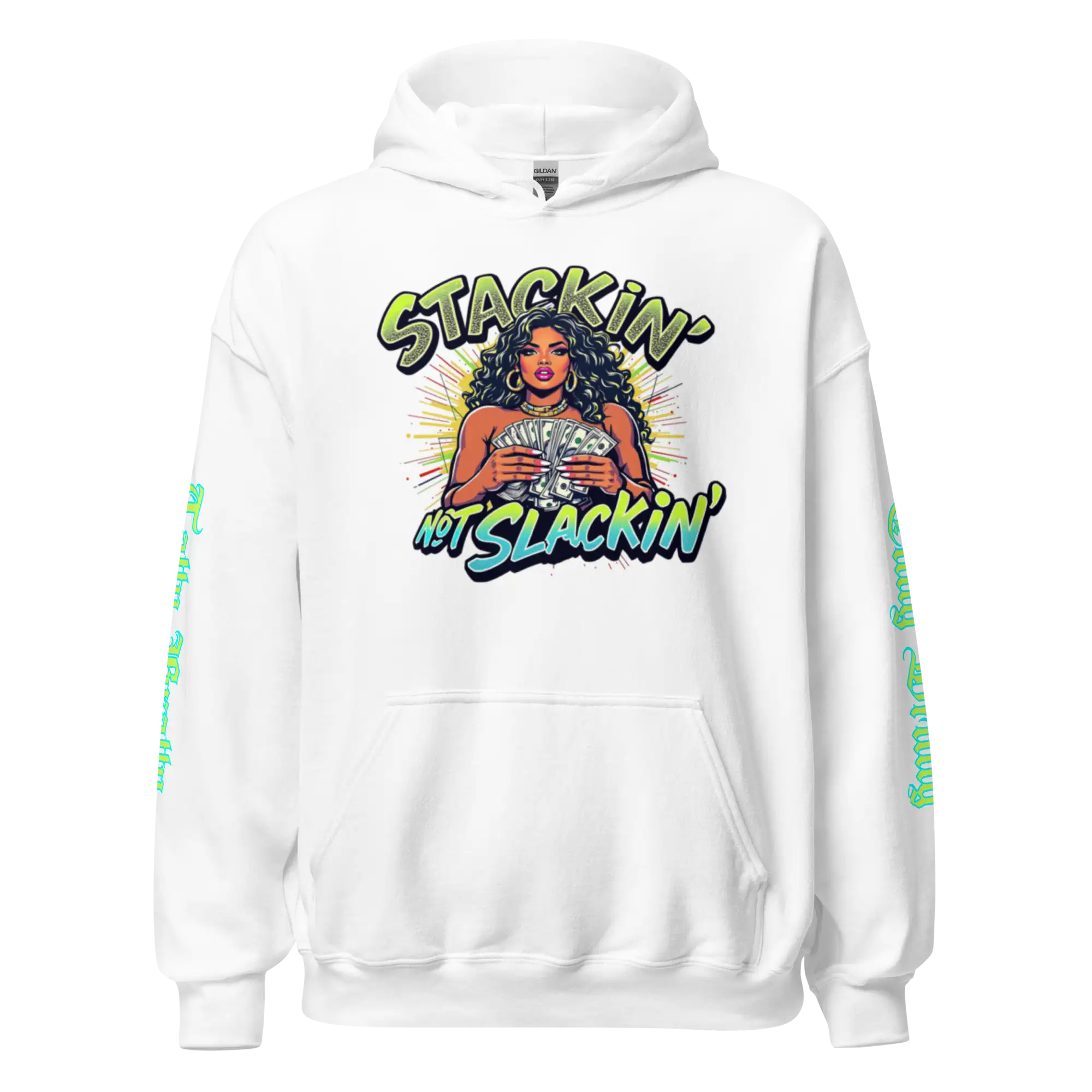White hoodie with graphic.