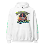 White hoodie with graphic.