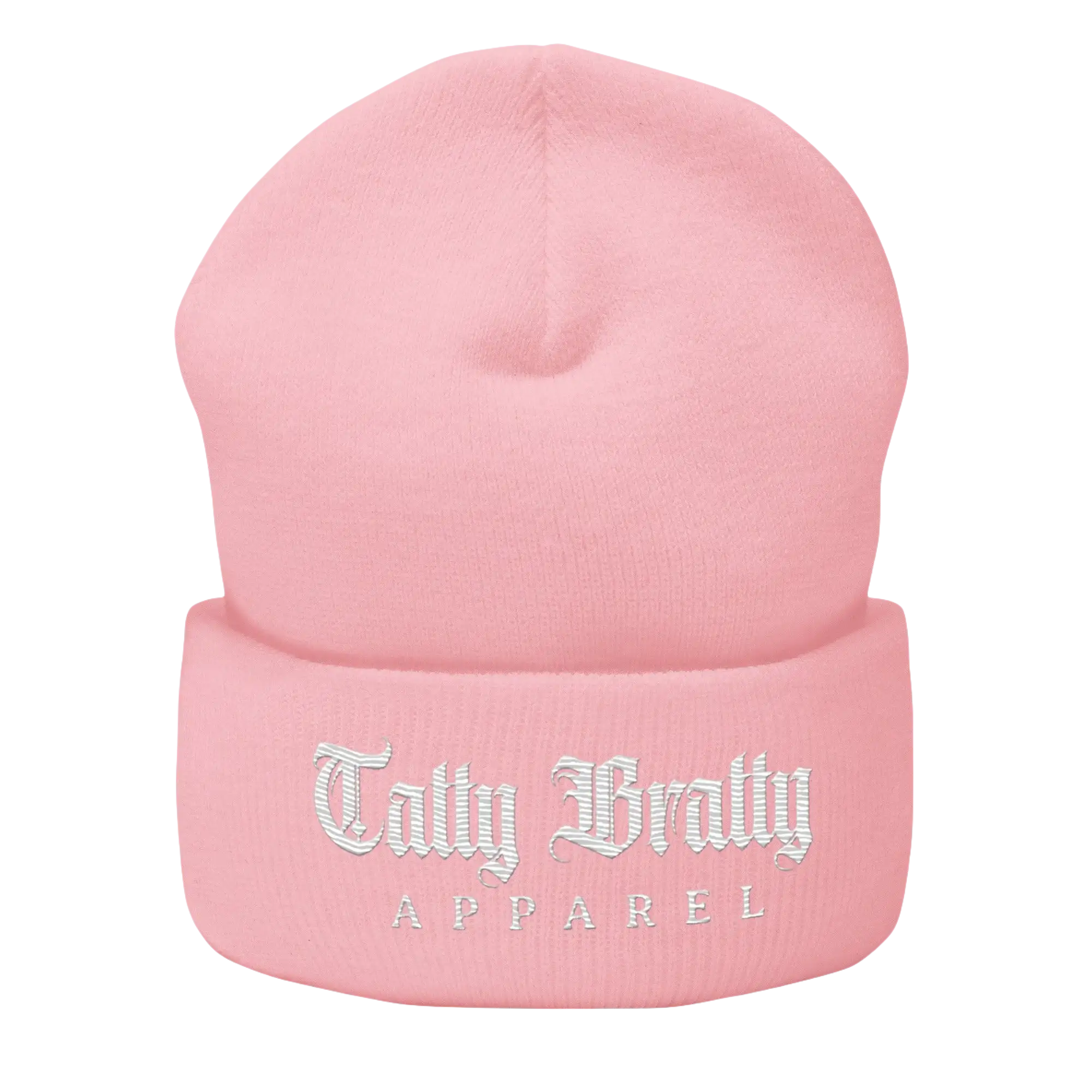 Pink beanie with embroidered text.