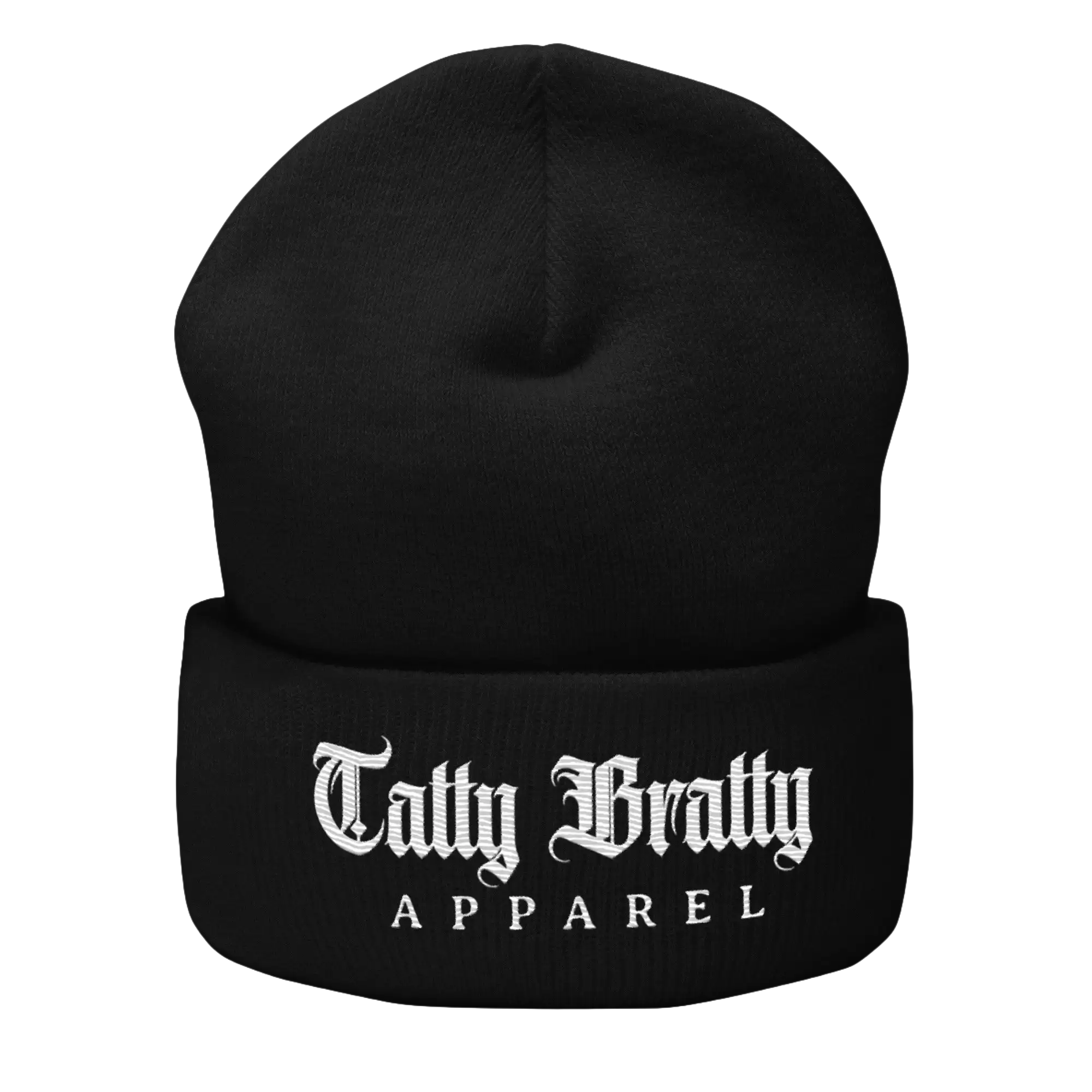 Black beanie with white lettering.