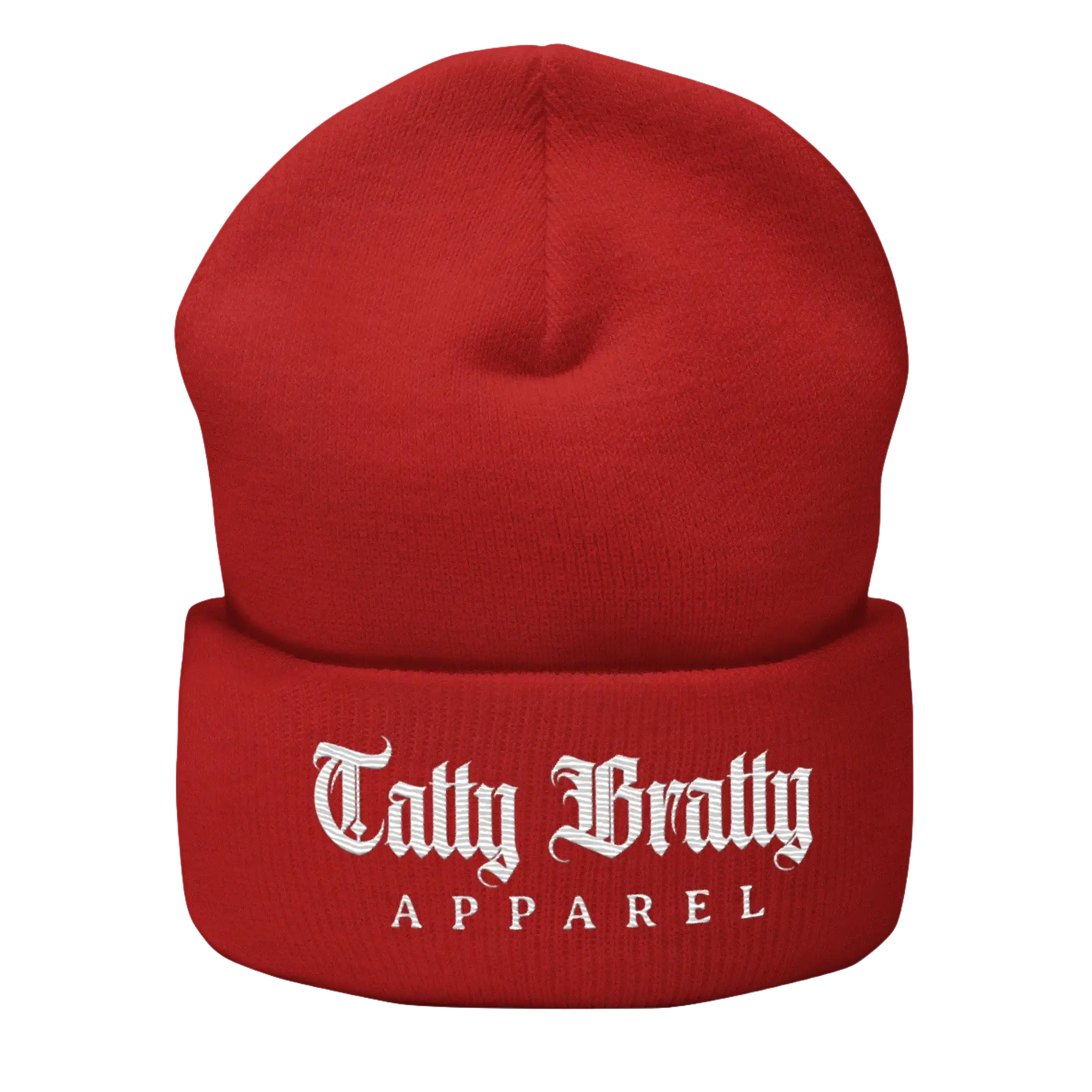 Red beanie with white lettering.