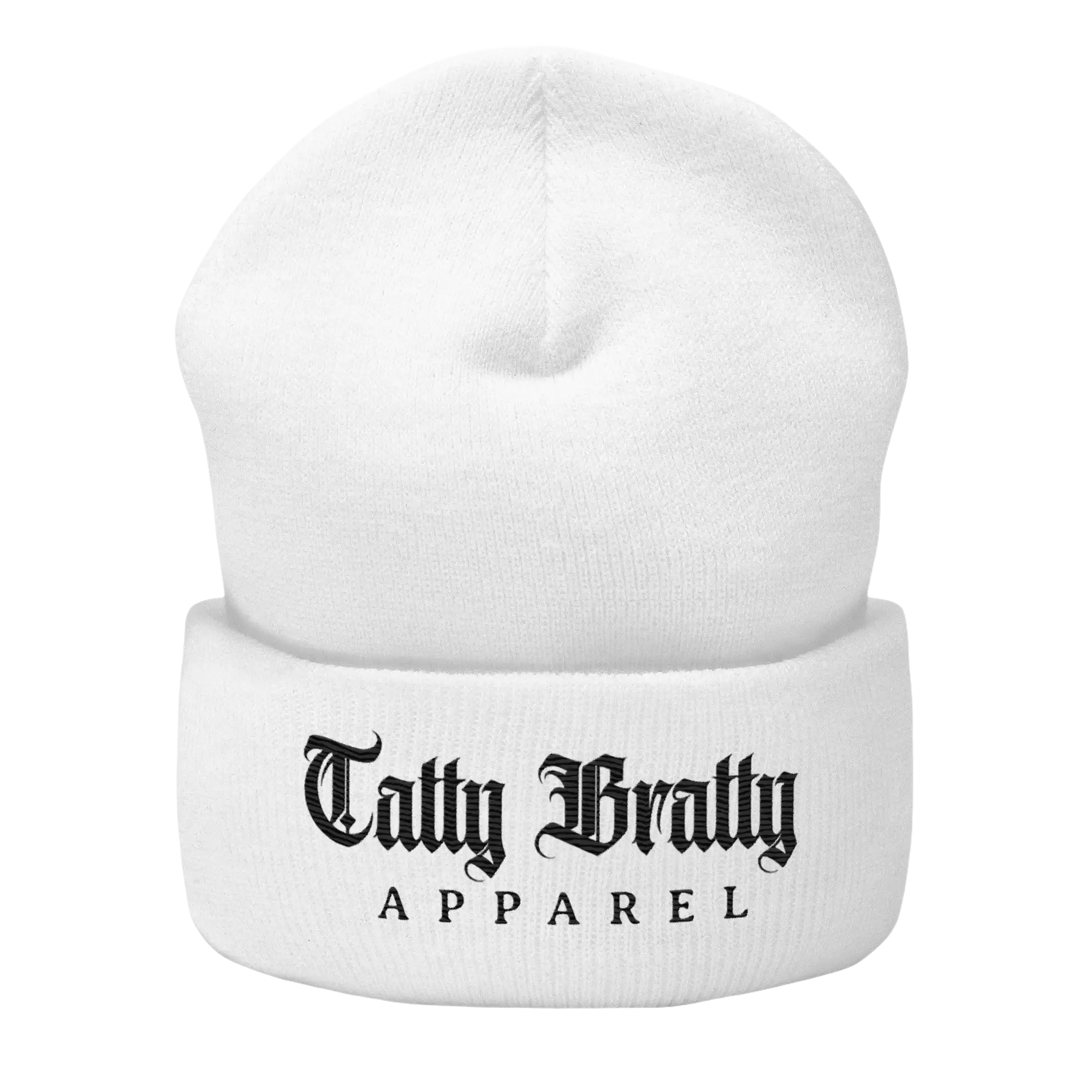 White beanie with gothic lettering.