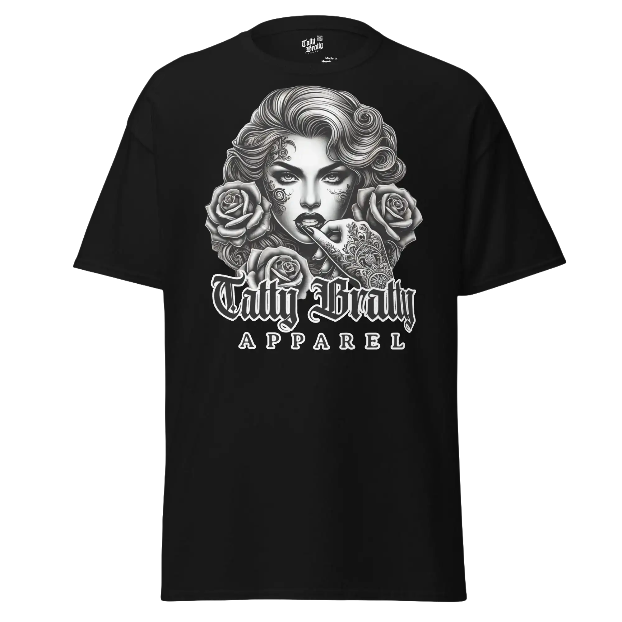 Black graphic t-shirt.