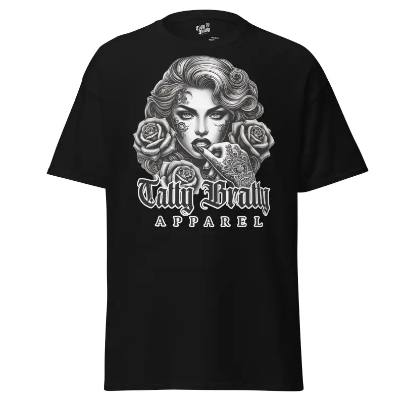 Black graphic t-shirt.