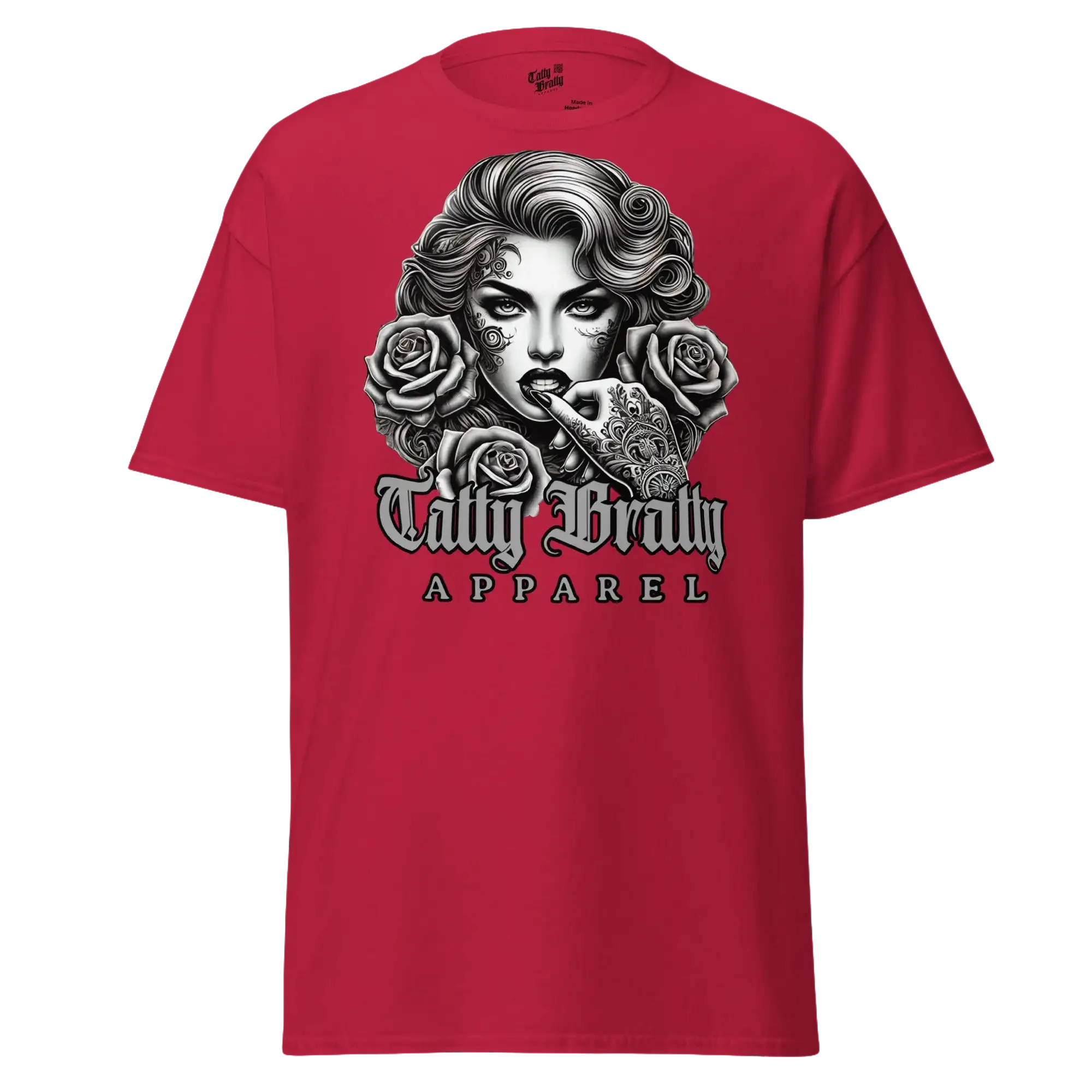 Red t-shirt with woman and roses graphic.