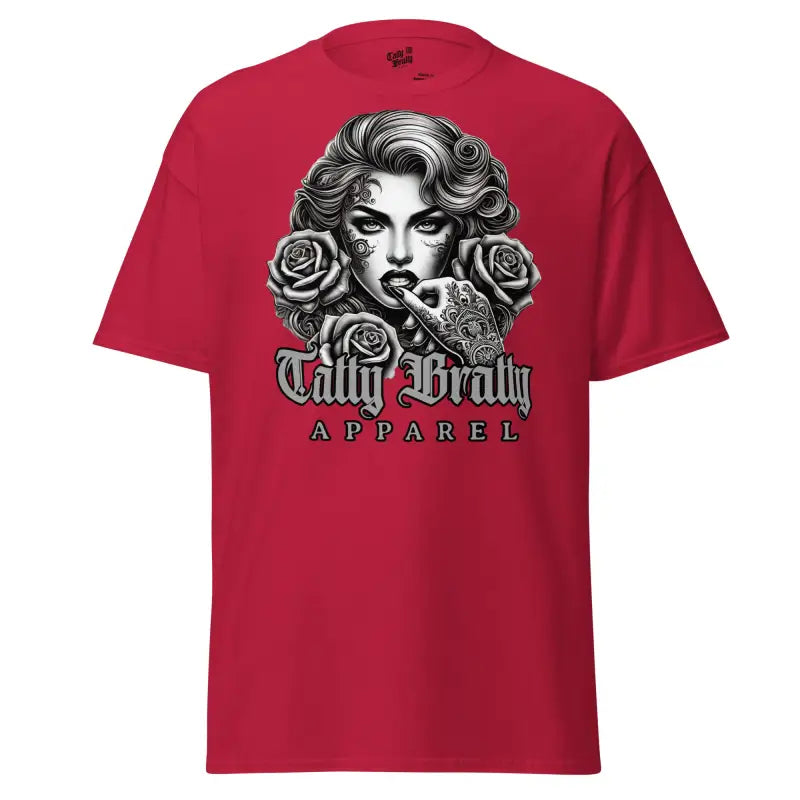 Red t-shirt with woman and roses graphic.