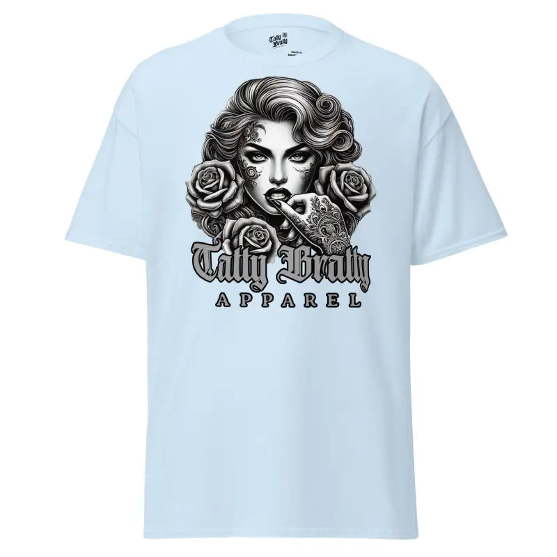 Light blue t-shirt with a woman and roses graphic.