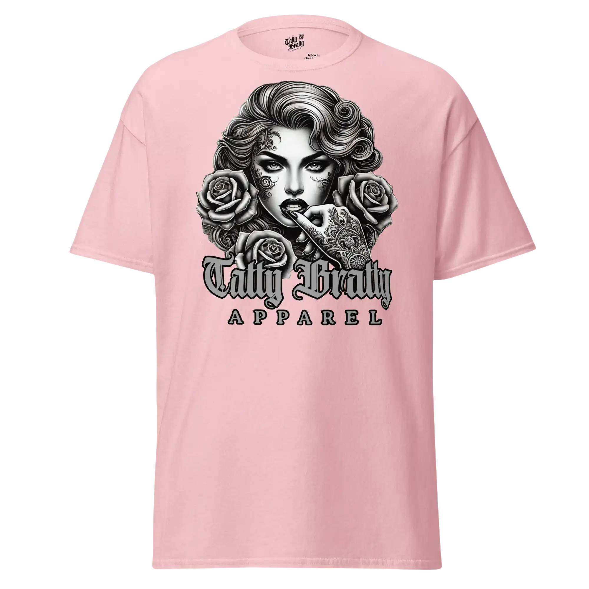 Pink t-shirt with tattooed woman graphic.
