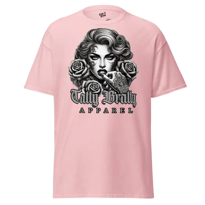 Pink t-shirt with tattooed woman graphic.