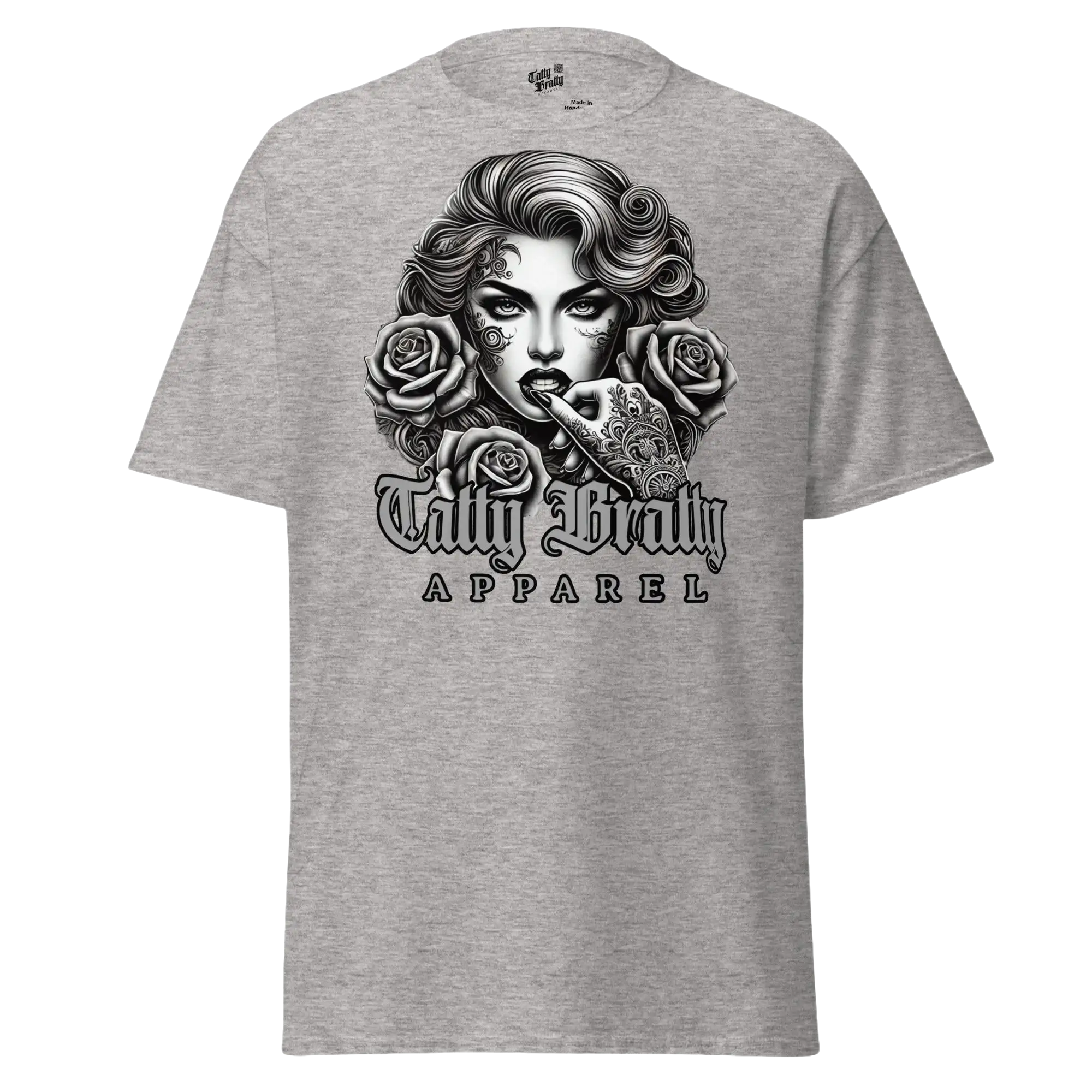 Gray t-shirt with graphic.