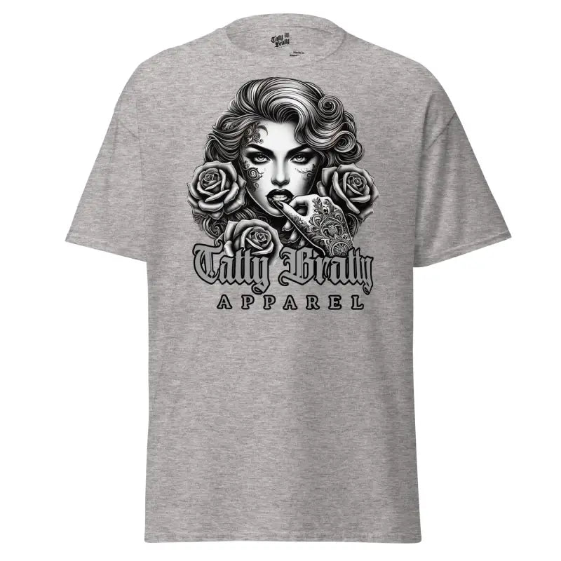 Gray t-shirt with graphic.