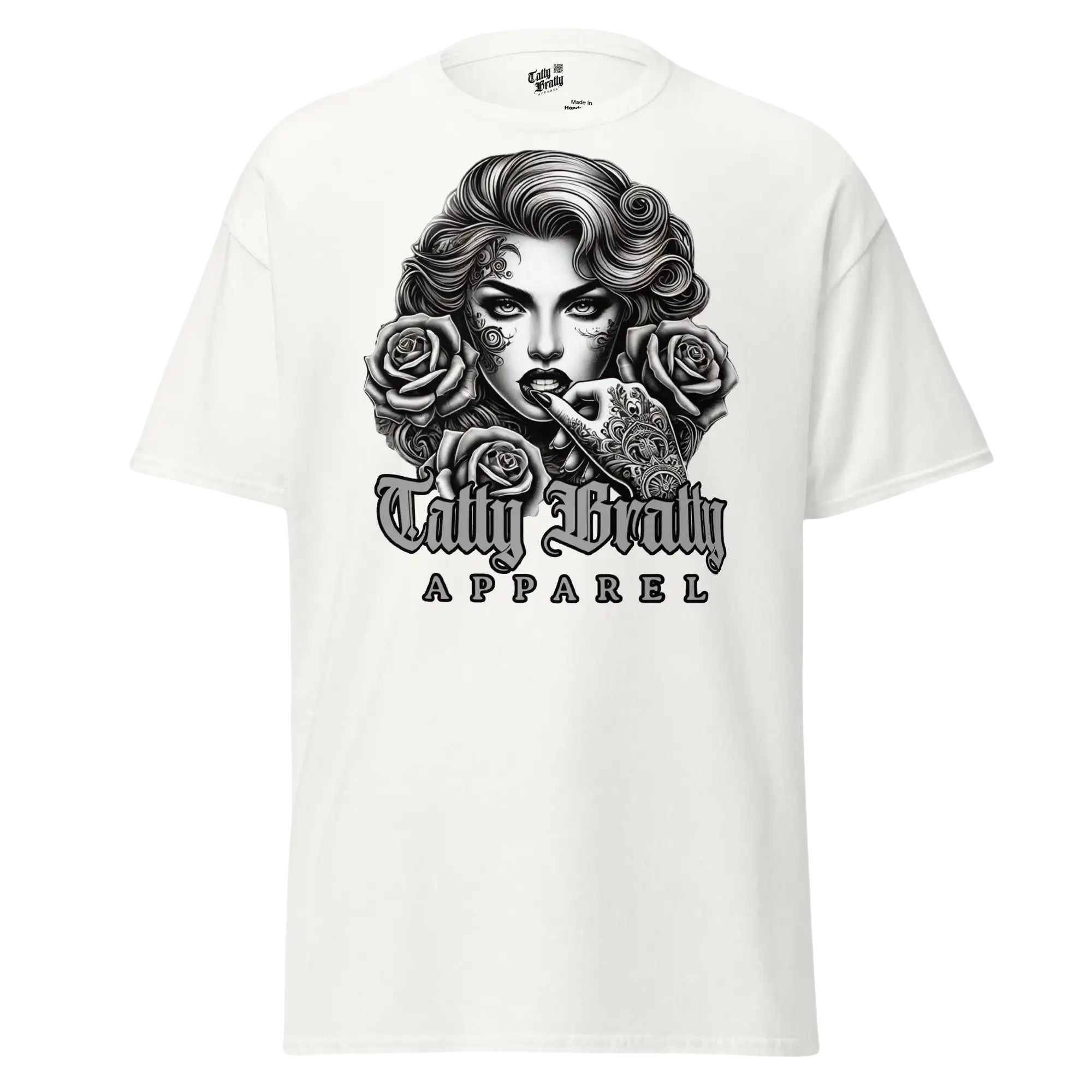 White t-shirt with tattoo-inspired graphic.
