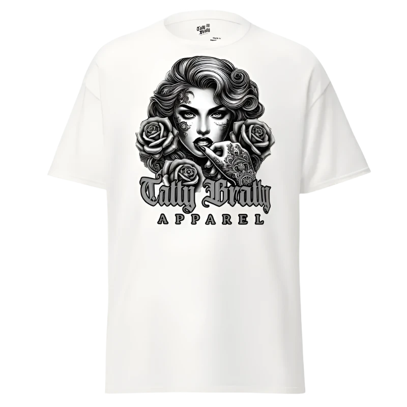 White t-shirt with tattoo-inspired graphic.