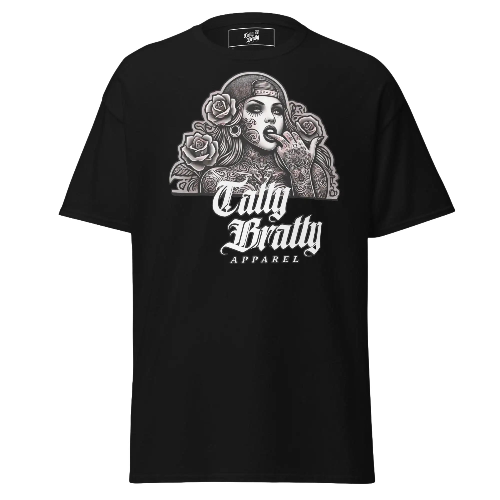 Black t-shirt with tattooed woman graphic.