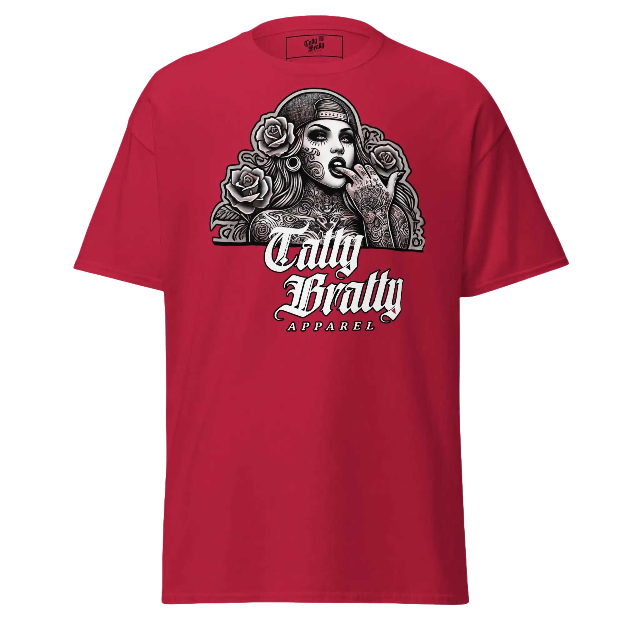 Red t-shirt with tattoo-themed graphic.