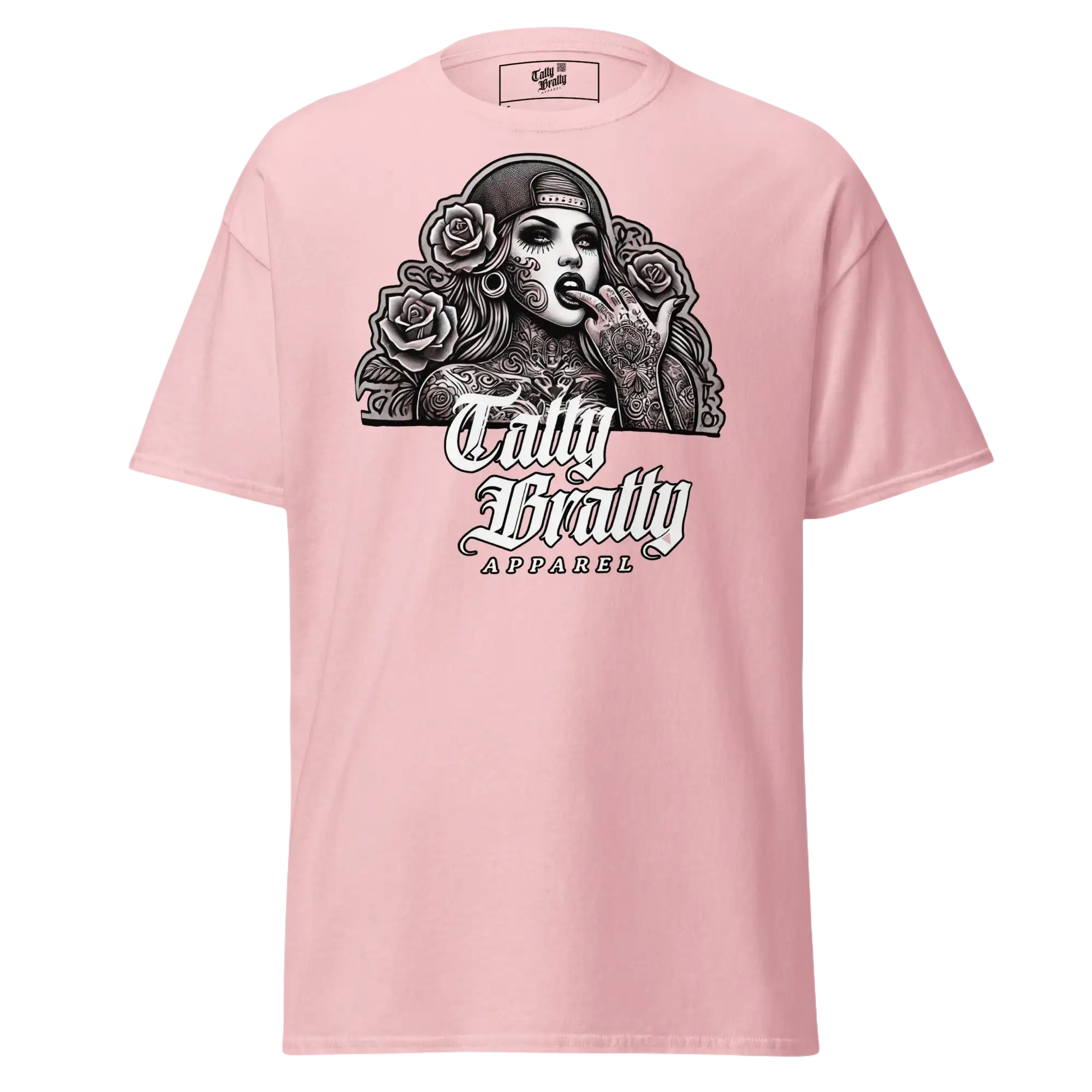 Pink t-shirt with tattooed woman graphic.